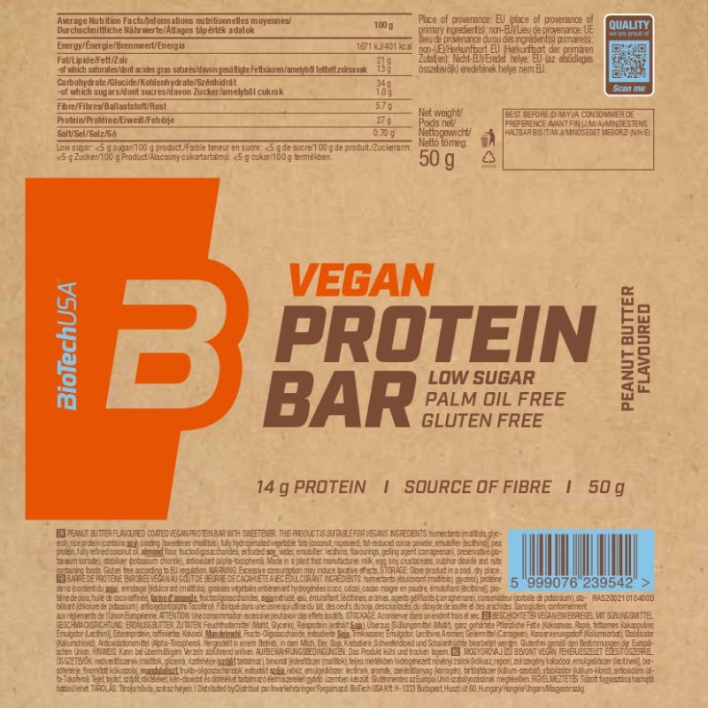 Barre protéinée vegan 50 g - BioTechUSA - Le Sport Discount pas cher