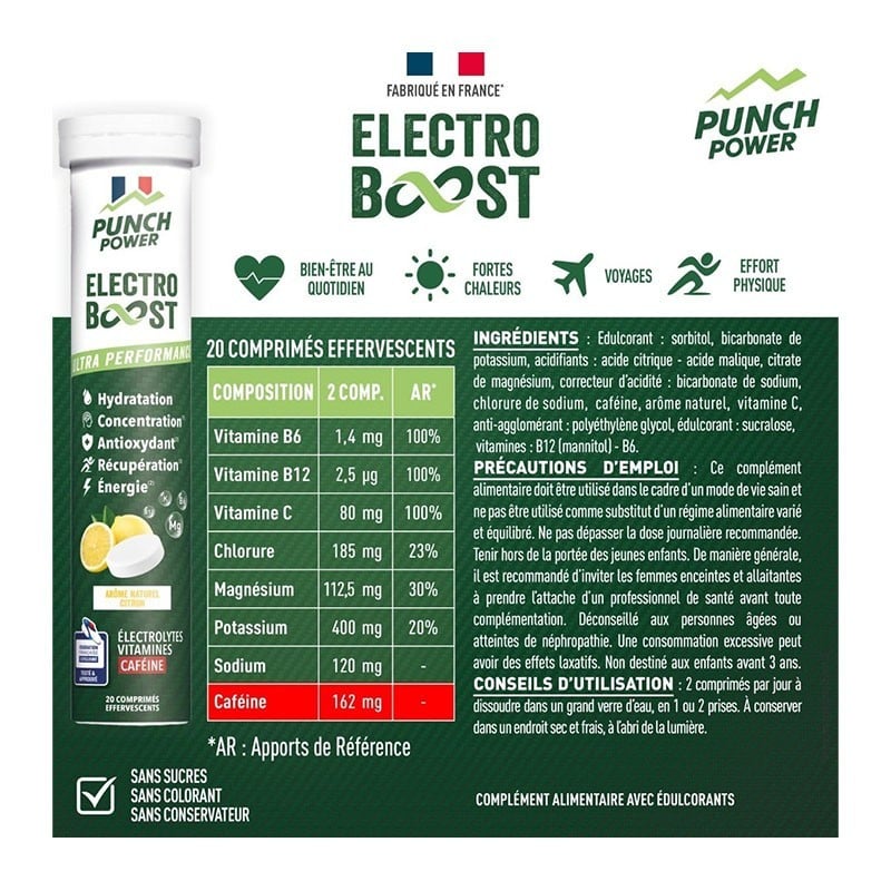 ElectroBoost Électrolytes Citron Caféine 20 comprimés - Punch Power - Le Sport Discount pas cher